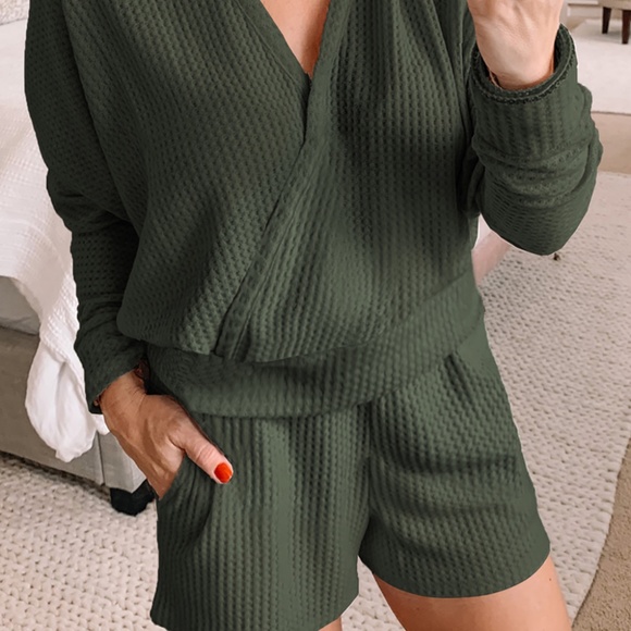 Waterschic Tops - Waffle Knit Thermal Hoodie Short Set Forest Green